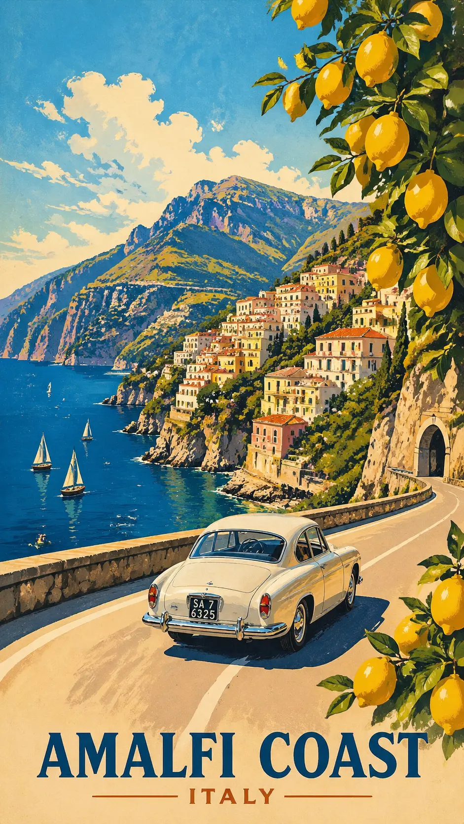 Vintage Amalfi Coast travel poster rendered as a modern pencil illustration