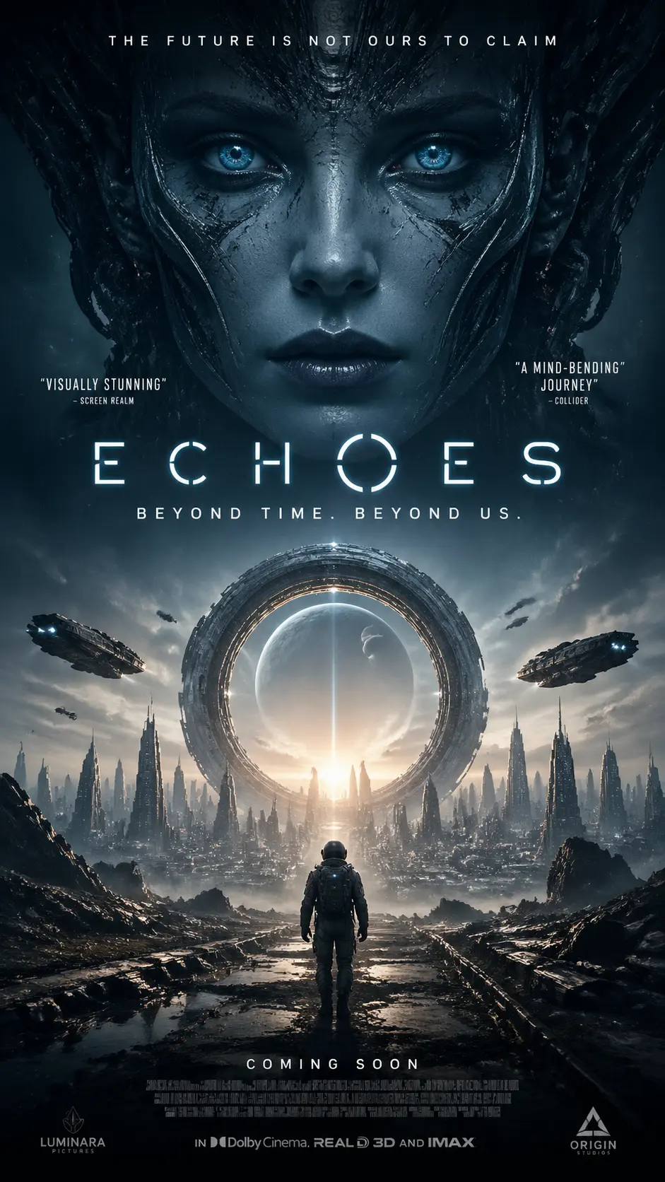 Science fiction movie poster composition with a dramatic cinematic layout