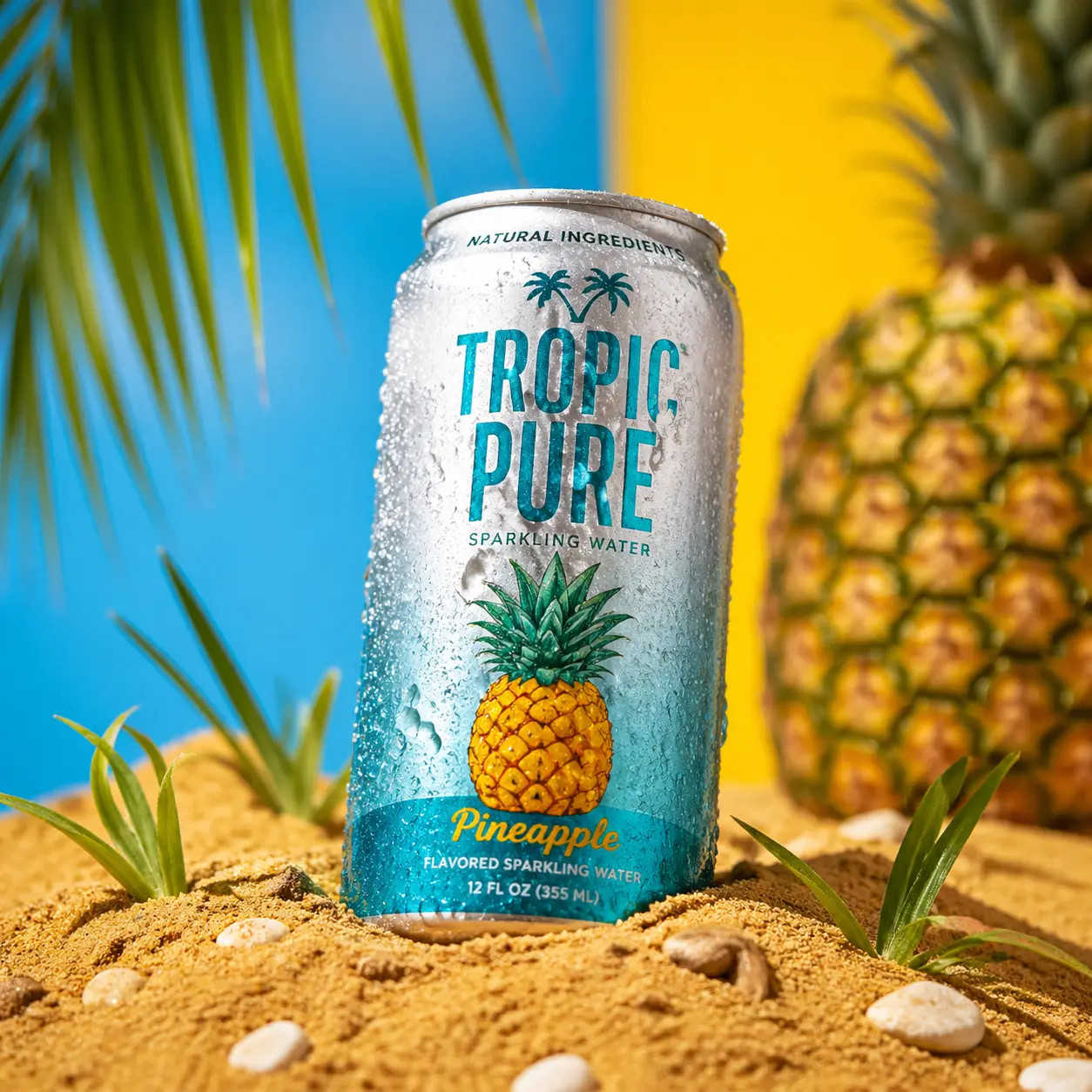 Commercial product shot of a sparkling water can in tropical beach sand