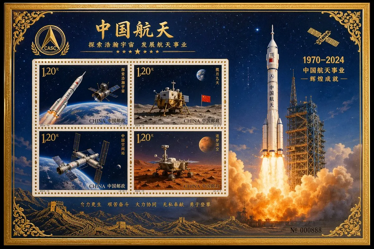 Commemorative stamp sheet with a rocket launch and metallic print finish