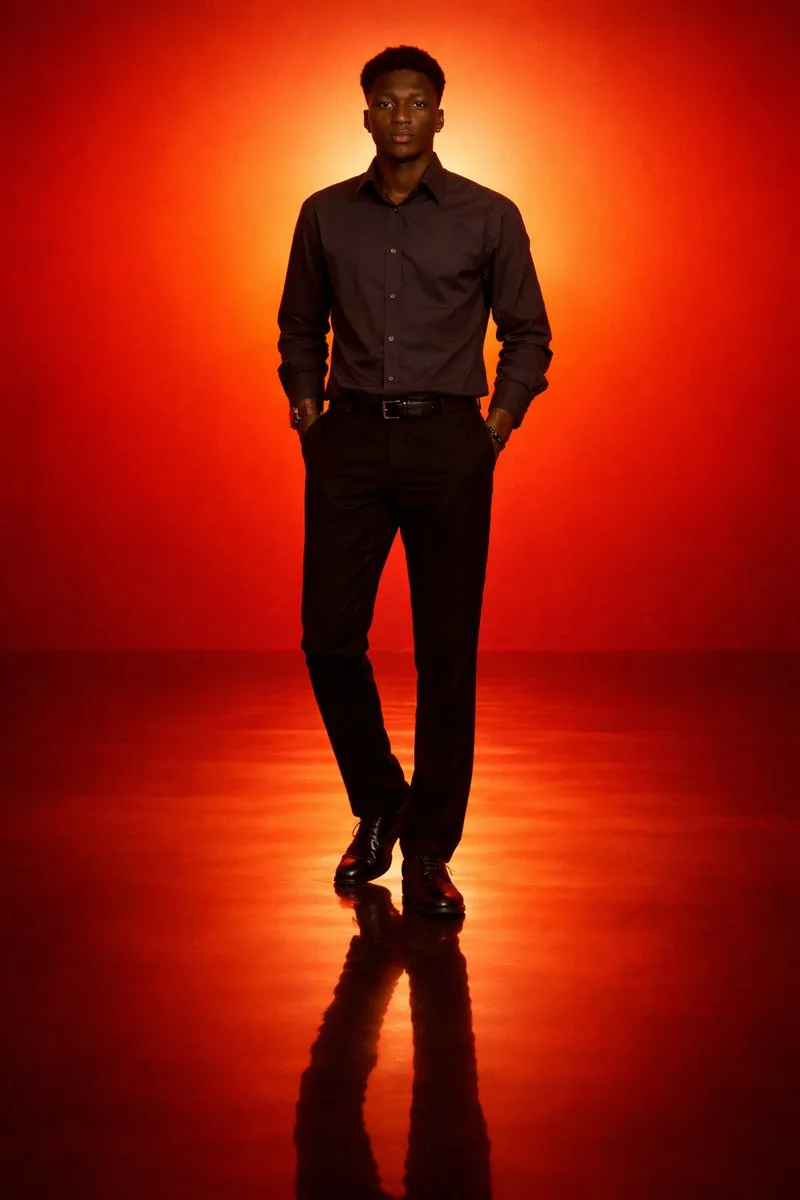 Minimal cinematic portrait in a warm orange-red gradient scene