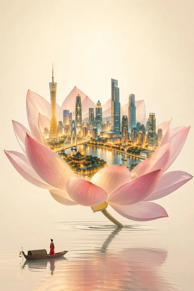 Minimalist Chinese commercial illustration built around a lotus-world composition