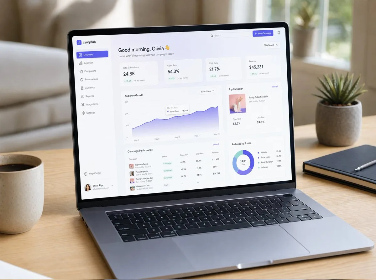 Hyper-realistic SaaS dashboard shown on a laptop on a wooden desk