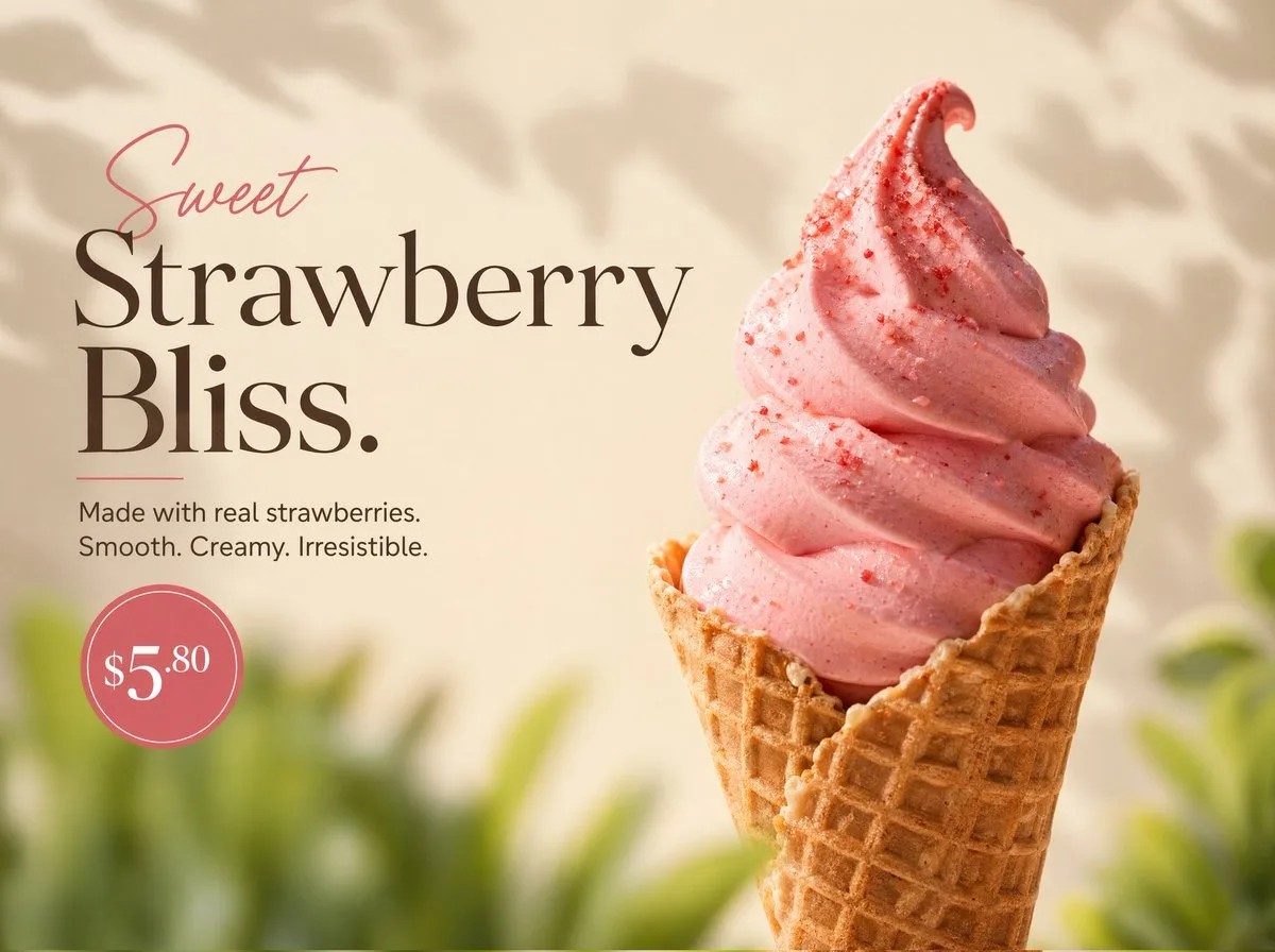 Premium strawberry soft serve ad with editorial typography